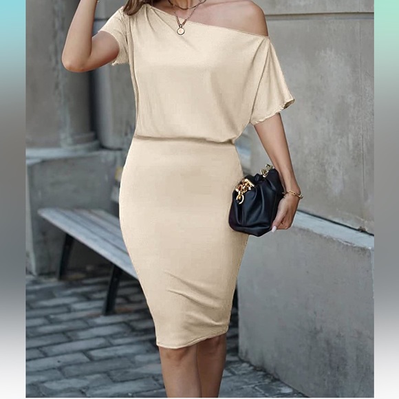 Kinmiu Womens Off The Shoulder Short Sleeve Ribbed Sexy Bodycon MidiDress;Size:M - Picture 2 of 5